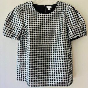J.Crew Sz M Gingham Metallic Puff Sleeve Blouse Top Lined Round‎ Neck Pullover